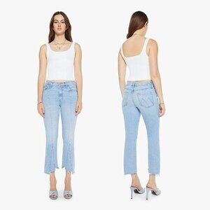 NWT Mother The Insider Crop Pointy Fray Bootcut Button Belted Denim Pants Blue